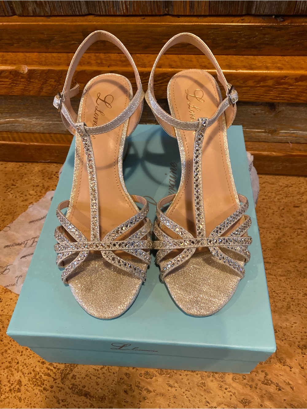 Lauren Lorraine Silver Glitter T-Strap Rhinestone Sandal Wedge Heels